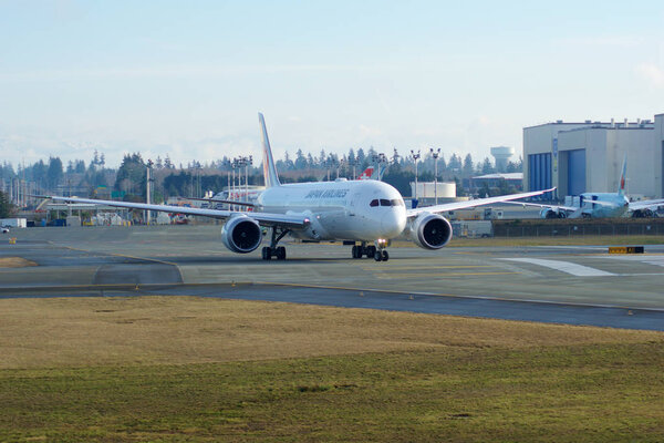 EVERETT, WASHINGTON, USA - JAN 26th, 2017: Brand new Japan Airlines Boeing 787-9 MSN 34843, Registration JA867J lining up for takeoff for a test flight at Snohomish County Airport or Paine Field