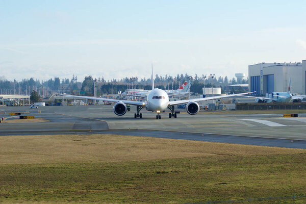 EVERETT, WASHINGTON, USA - JAN 26th, 2017: Brand new Japan Airlines Boeing 787-9 MSN 34843, Registration JA867J lining up for takeoff for a test flight at Snohomish County Airport or Paine Field