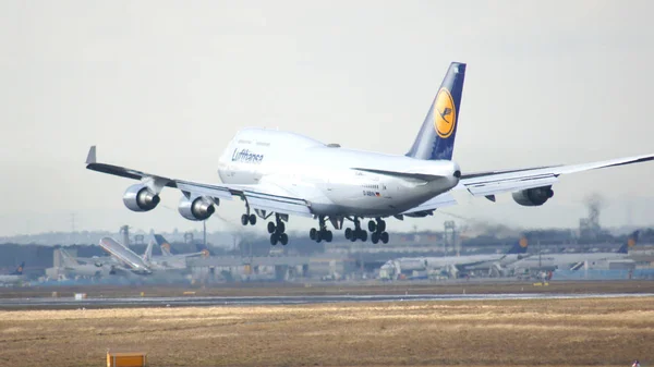 FRANKFURT, ALLEMAGNE - 28 février 2015 : Le Lufthansa Boeing 747 - MSN 26427 - D-ABVN, baptisé Dortmund atterrissant à l'aéroport international de Francfort FRA. Le célèbre et puissant avion surnommé Jumbo — Photo