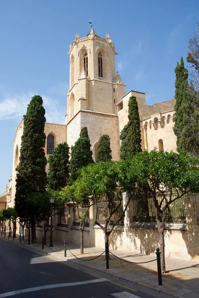 TARRAGONA, ESPAÑA - 28 AGO 2017: vista de día con cielo azul de la Catedral de Santa María en la provincia de Tarragona. Está datando de los siglos XII-XIII — Foto de Stock