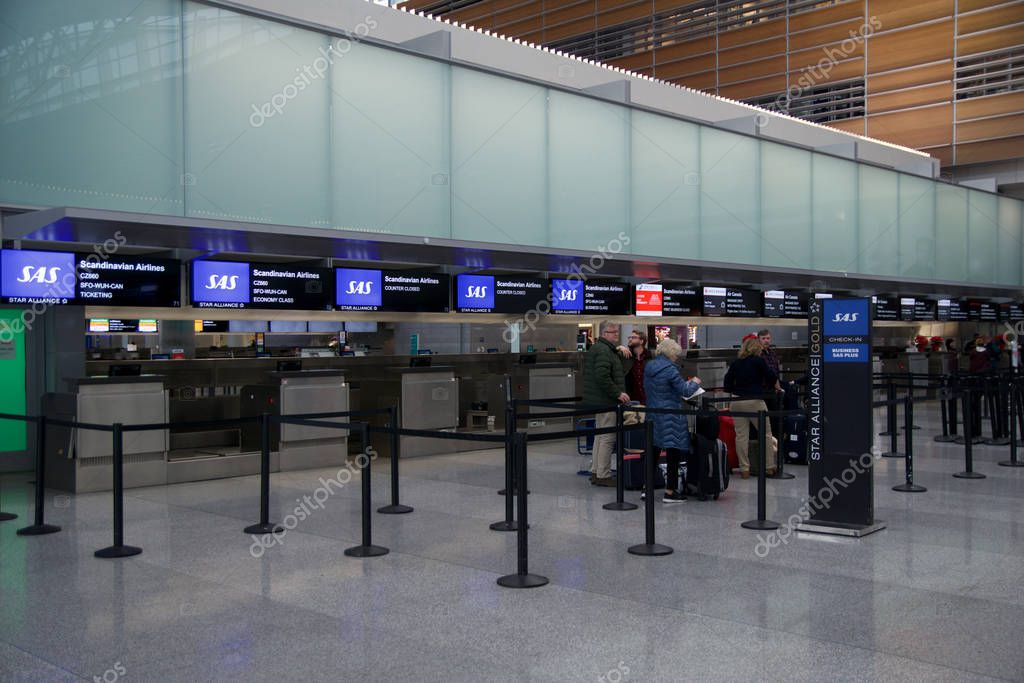 SAN FRANCISCO, CALIFORNIA, UNITED STATES - NOV 27th, 2018: Check-in counters inside of terminal of San Francisco International Airport SFO.