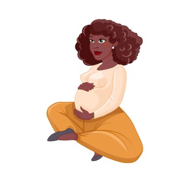 Sevimli koyu tenli hamile kadın çizgi film karakteri afişi. Hamile bir esmer kız..