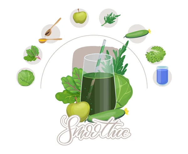 Smoothie avgiftningscocktail. Gröna frukter och grönsaker blandas i glasburk. — Stock vektor