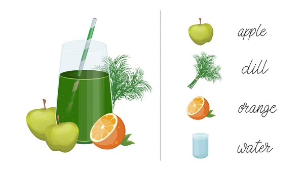 Grünes Obst und Gemüse mischen sich im Glas. Detox-Cocktail für gesunde Ernährung. — Stockvektor