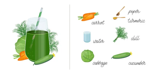 A zöld gyümölcsök és zöldségek üvegedényben keverednek. Méregtelenítő koktél az egészséges táplálkozásért. — Stock Vector