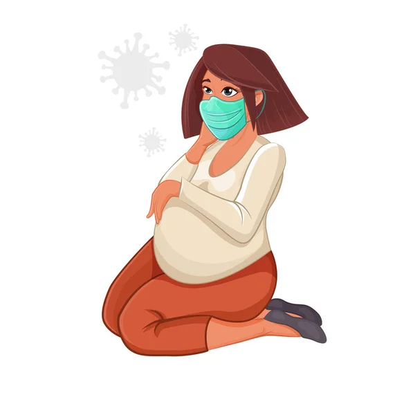 Zeichentrickfigur weibliche schwangere Figur mit Schutzmaske. Stoppt das Coronavirus. Selbstisolierung. — Stockvektor