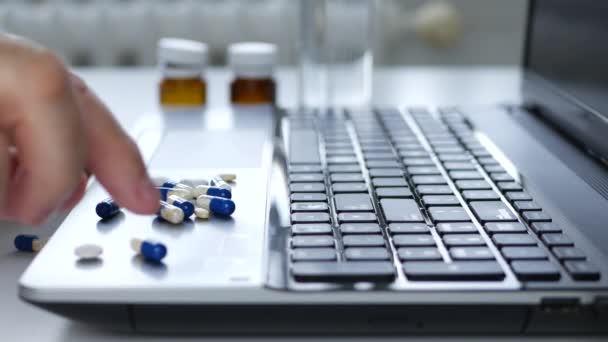 Suffering Businessman Take Medical Pills from Laptop Surface — 비디오