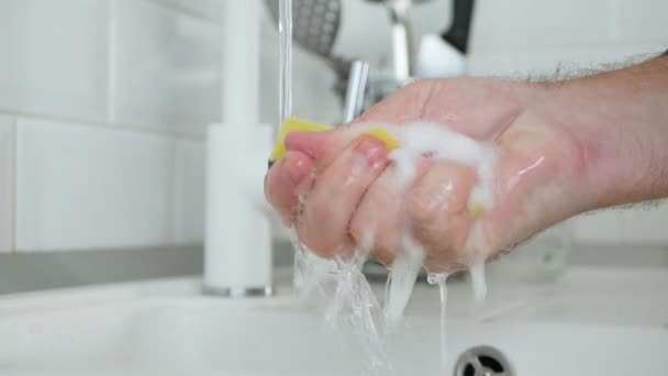 Main Personne Âgée Avec Une Éponge Lavage Vaisselle Trempée Dans — Video