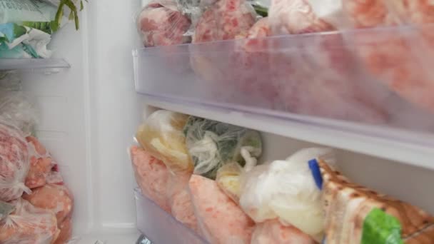 Congelador lleno de carne y paquetes vegetales congelados en bolsas de plástico Reserva de alimentos almacenada para la preparación de alimentos — Vídeo de stock