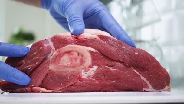 Carniceiro usando luvas em suas mãos se preparando para cortar um pedaço grande de carne fresca — Vídeo de Stock