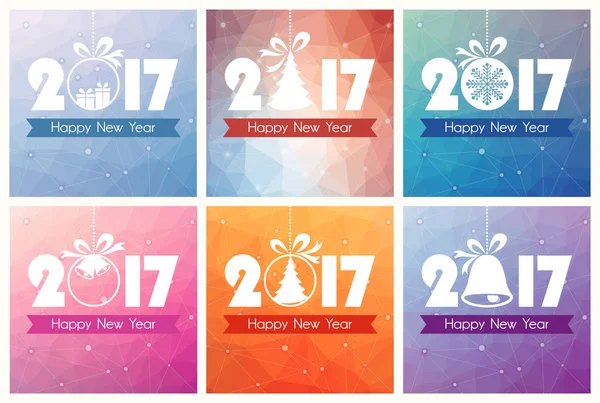 Collectie van zes Happy New Year kaarten met veelhoek achtergrond — Stockvector