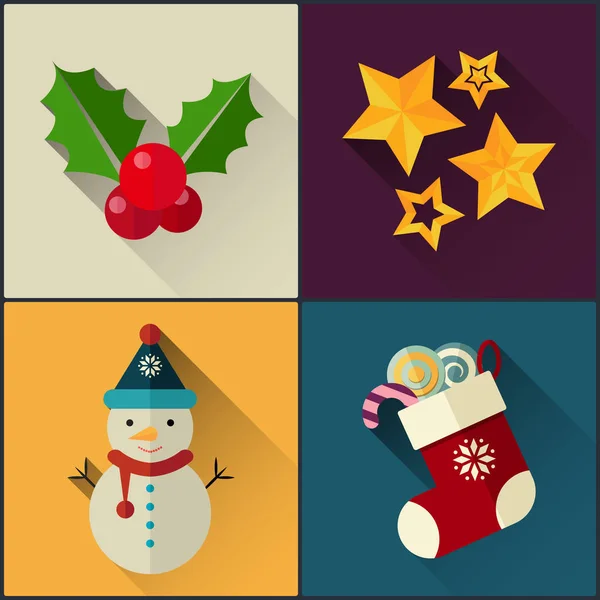 Año nuevo icono paquete incluido estrella de Navidad, baya de acebo, muñeco de nieve, calcetín — Vector de stock