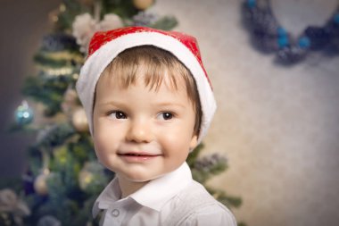 Küçük bir çocuk ile bir at-sallanan Noel ağacının etrafında çalış