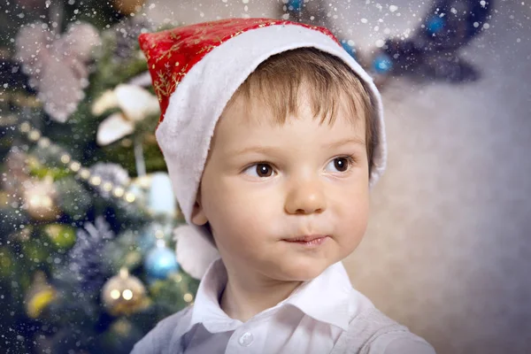 Küçük bir çocuk ile bir at-sallanan Noel ağacının etrafında çalış
