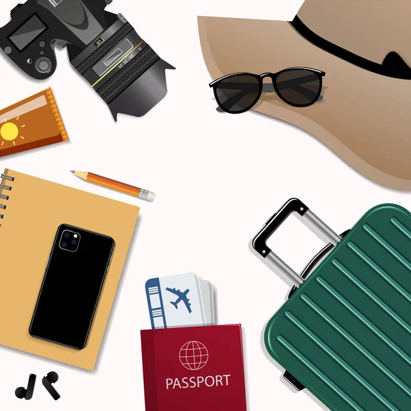 Schreibtisch Des Reisenden Mit Koffer Gepäck Flugticket Telefon Reisepass Brille — Stockvektor