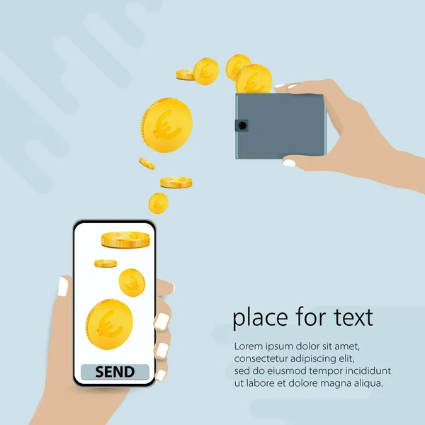 Akıllı telefonu tut ve gönder tuşuna bas. Çevrimiçi para transfer vektör çizelgesi. 