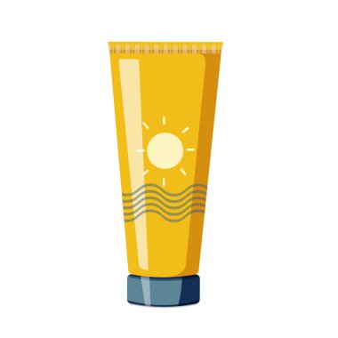 Tüp vektör düz madde tasarım nesnesinde güneş kremi. Beyaz arkaplanda izole illüstrasyon.