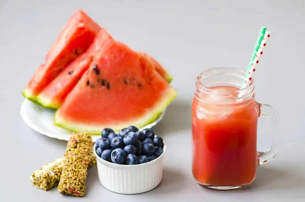 Watermelon Smoothie, blueberry and  nut bar