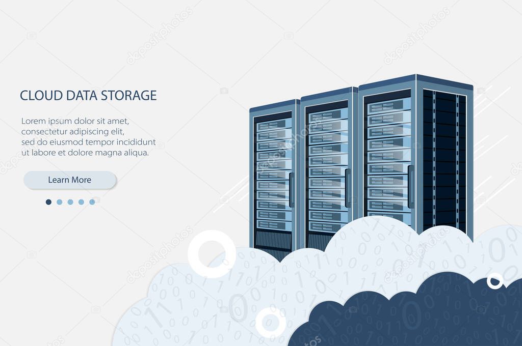 Cloud computing illustration.Data storage device,media server.Web hosting and cloud technology.Data protection,database security.Backup,copy,migrate data between cloud storage services.
