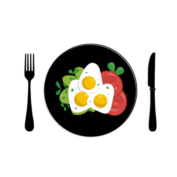 用西红柿和香草在黑盘上煎鸡蛋 用黑色器具 — 图库矢量图片