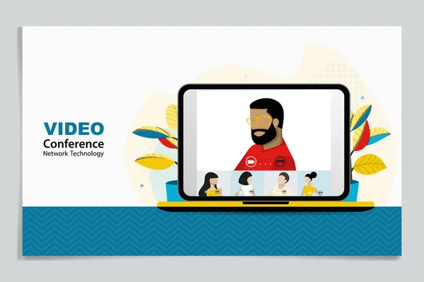 Video konferansı. İnsanlar bilgisayar ekranında iş arkadaşlarıyla takılıyorlar. Video konferans ve online iletişim vektörü konsepti. İletişim ekranı konferansı, video konferansı.