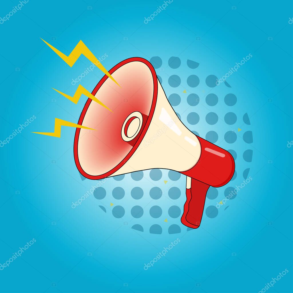 Vector poster with red-beige megaphone on halftone background.