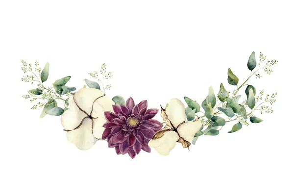 Akwarela elementy kwiatowy na białym tle. Styl Vintage zestaw z eukaliptusa endeed gałęzi i liści, kwiatów bawełny. Naturalne ręcznie malowane obiektu dla projektu — Zdjęcie stockowe