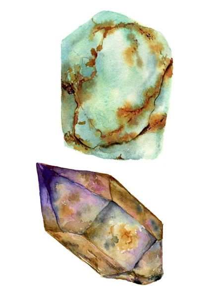 Conjunto de pedras preciosas de aquarela. Jade turquesa e rauchtopázio pedras isoladas sobre fundo branco. Para desenho, estampas ou fundo — Fotografia de Stock