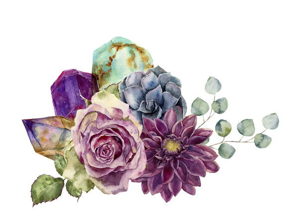 Watercolor bouquet of flowers, succulents, eucalyptus and gem stones. Hand drawn composition isolated on white background. Minerals and plants design