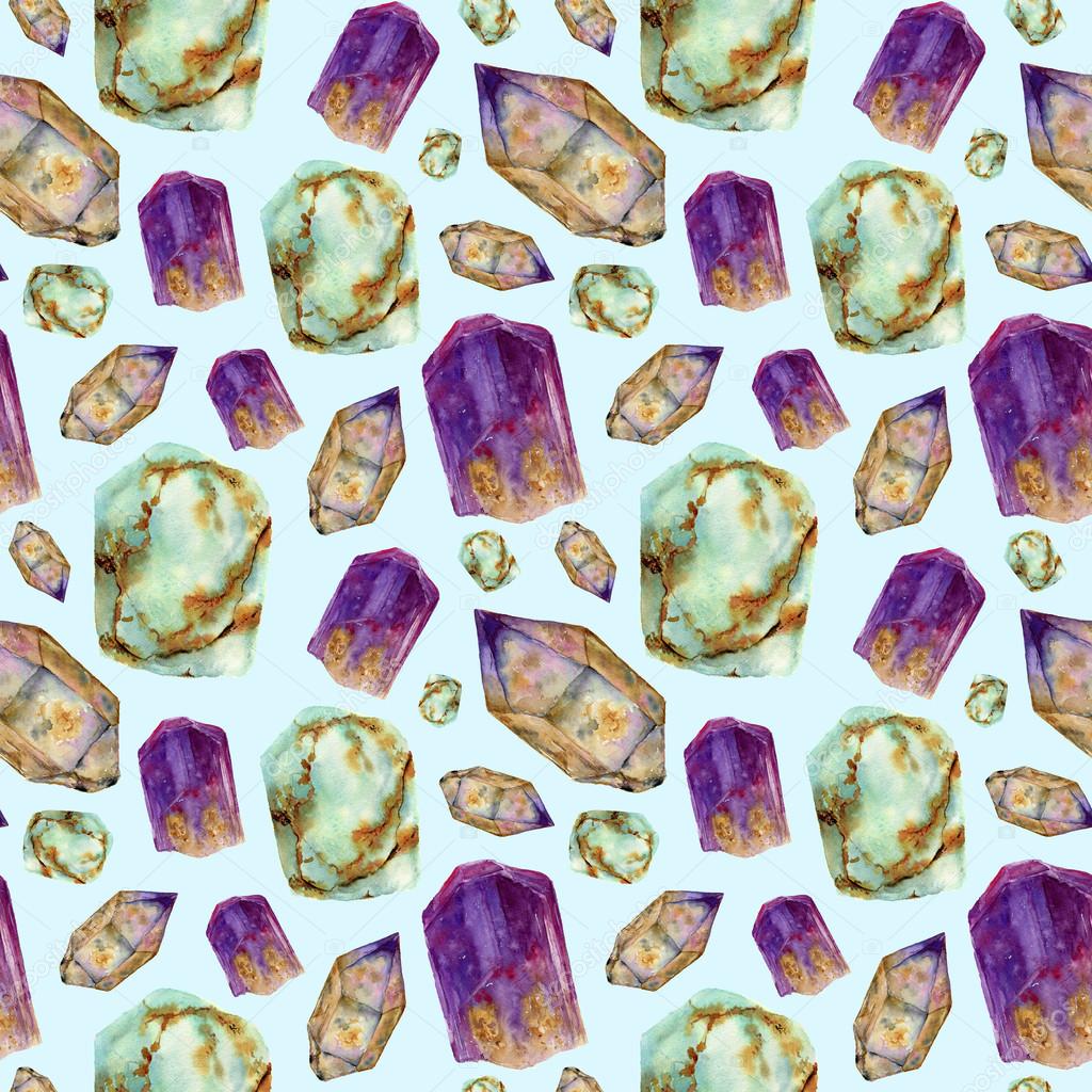 Watercolor gem stones seamless pattern. Jade turquoise, amethyst and