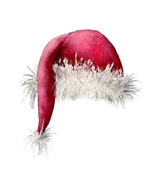 Sombrero de Santa Claus acuarela. Ilustración navideña pintada a mano aislada sobre fondo blanco. Para diseño, fondo o impresión —  Fotos de Stock