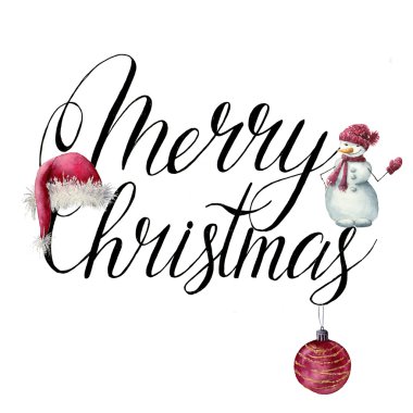 Sulu Boya Noel Yazdır. Noel Baba şapkası, kardan adam ve Noel top için tasarım, yazdırma veya arka plan ile neşeli Noel yazı