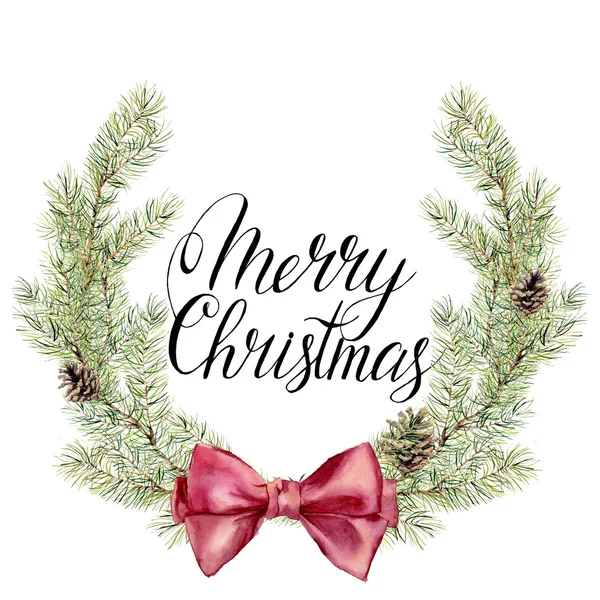 Watercolor christmas wreath with Merry Christmas lettering. New year tree branch wreath with bow and cones for design, print or background — Stock Photo, Image