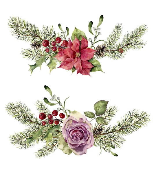 Watercolor winter floral elements isolated on white background. Vintage style set with christmas tree branches, rose, holly, mistletoe, poinsettia flower, leaves. Flower hand painted design — Stock Photo, Image