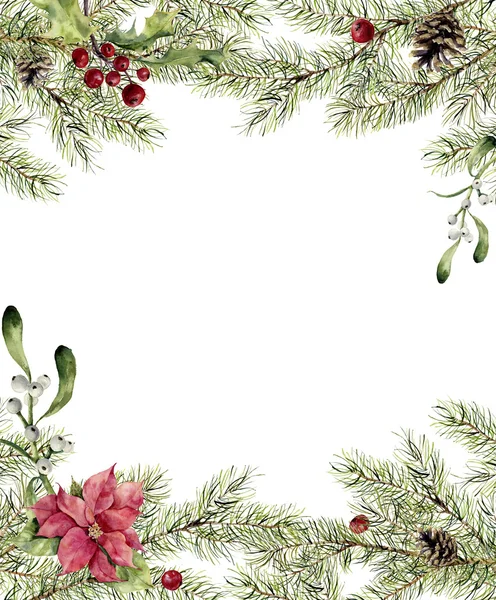 Akvarell karácsonyi meghívó. Fenyő ága, holly, a fagyöngy és a Mikulásvirág. Új év tree határ dekoráció, design, nyomtatási vagy a háttér — Stock Fotó