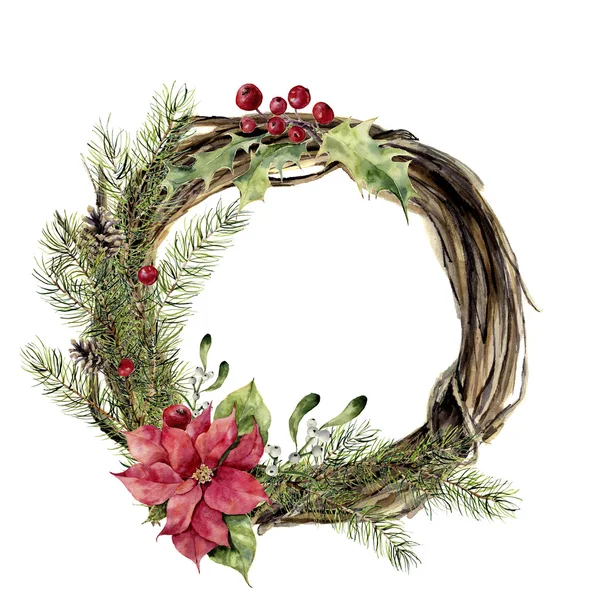 Watercolor christmas wreath with decor. New year tree and wood branch wreath with holly, mistletoe and poinsettia for design, print or background — Stock Photo, Image