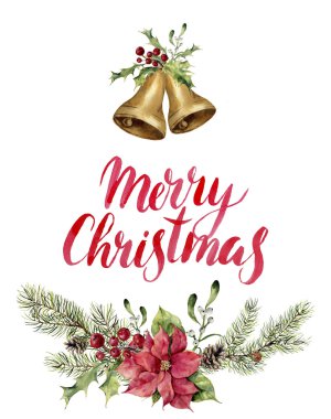 Sulu Boya Noel çiçek baskı witn mutlu Noeller yazı ve çan. Yeni yıl ağacı dalı Atatürk çiçeği, ökse otu, holly, Noel çanları ve koniler tasarım, yazdırma veya arka plan