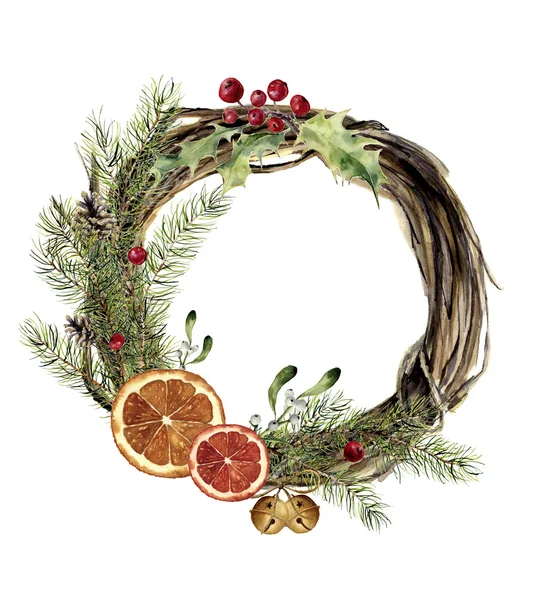 Watercolor christmas wreath with with citrus and bells. New year tree and wood branch wreath with holly, mistletoe, bells, orange and grapefruit for design, print or background — ストック写真