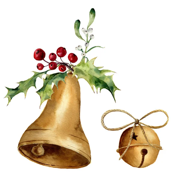 Campana natalizia ad acquerello con vischio e arredamento agrifoglio. Campane d'oro isolate su sfondo bianco. Per design, stampe o sfondo — Foto Stock