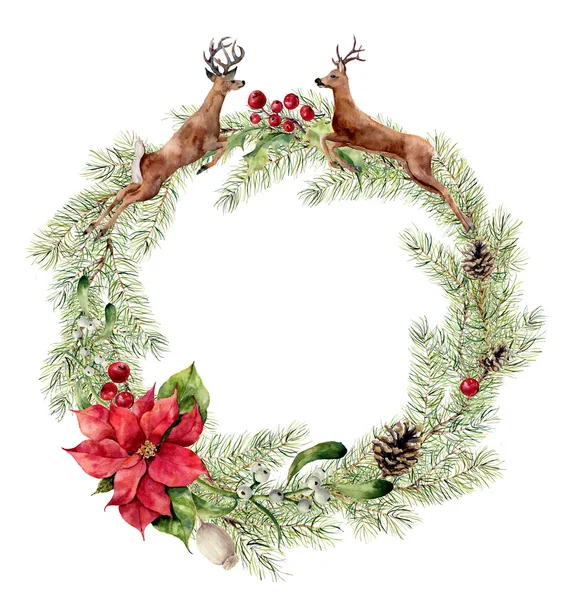 Watercolor christmas wreath with deers, holly, mistletoe and poinsettia. New year tree branch wreath for design, print or background — Stockfoto