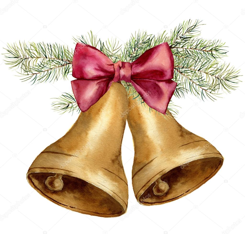 Watercolor christmas bell with fir branch and pink bow. Gold bells with christmas tree isolated on white background. For design, prints or background