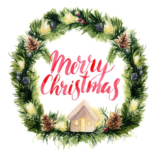 Watercolor christmas wreath card with Merry Christmas lettering. Hand painted border with fir branches, garlands, pine cons and Christmas tree toy isolated on white background. — Stock Photo, Image