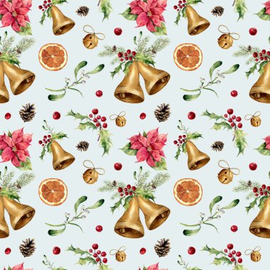 Mavi zemin üzerine suluboya Noel seamless modeli. Yılbaşı ağacı süsleme bell, holly, ökse otu, Atatürk çiçeği, Portakal dilim, çam kozalağı ve yay tasarım, yazdırma veya arka plan