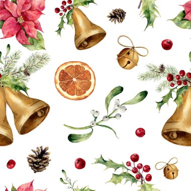 Sulu Boya Noel seamless modeli. Yılbaşı ağacı süsleme bell, holly, ökse otu, Atatürk çiçeği, Portakal dilim, çam kozalağı ve yay tasarım, yazdırma veya arka plan