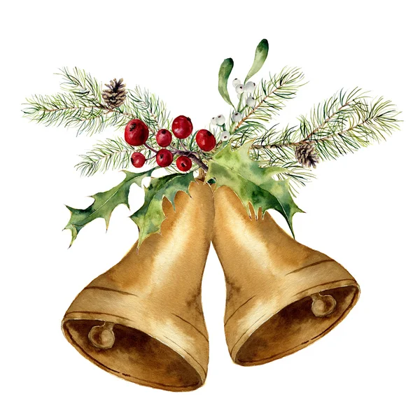 Campana di Natale acquerello con ramo di albero di Natale, vischio e arredamento agrifoglio. Campane in oro con decorazioni tradizionali isolate su sfondo bianco. Per design, stampe o sfondo — Foto Stock