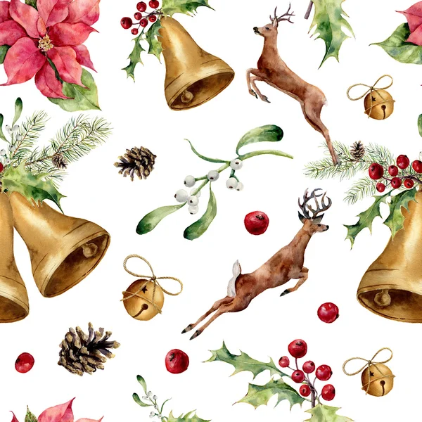 Watercolor christmas seamless pattern with deers and decor. New year tree ornament with deer, bell, holly, mistletoe, poinsettia, orange slice, pine cone and bow for design, print or background — ストック写真