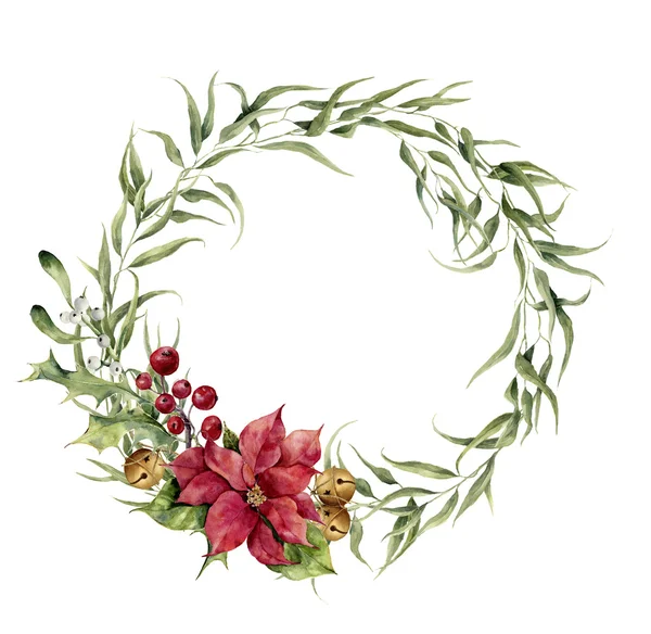 Watercolor eucalyptus wreath with bells, holly, mistletoe and poinsettia. Eucalyptus branch and christmas decor for design, print or background — ストック写真