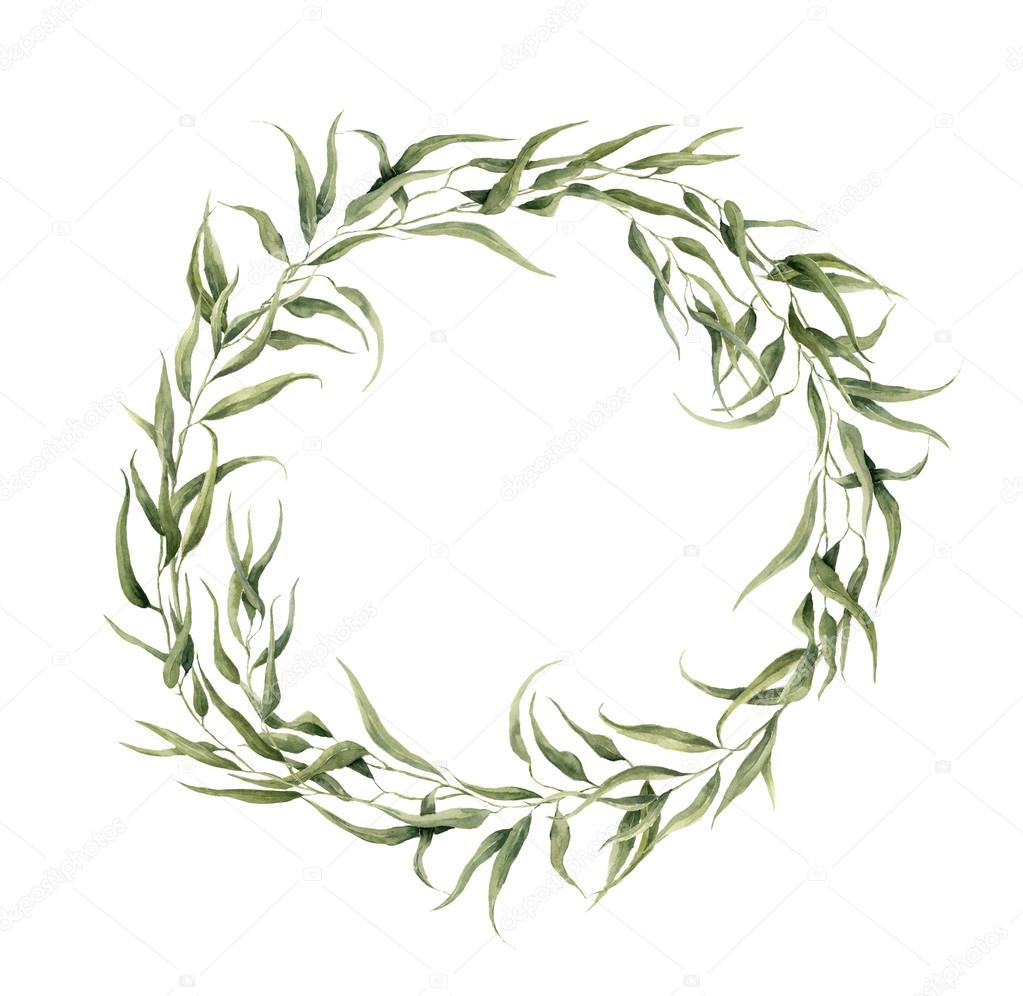 Watercolor floral wreath with eucalyptus leaves. Hand painted floral wreath with branches, leaves of eucalyptus isolated on white background. For design or background