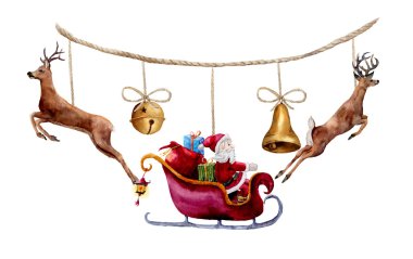 Noel Baba, geyikler ve çan ile suluboya Noel çelenk. Parti gösterim amacıyla tasarım, arka plan veya Yazdır