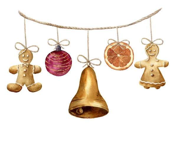 Aquarel kerst garland met speculaaspop, bal, bel en oranje. Partij illustratie voor ontwerp, achtergrond of afdrukken — Stockfoto